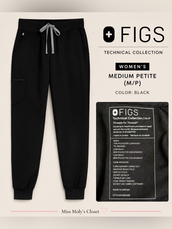 Figs Pants - FIGS Black Jogger Scrub Pants Medium Petite M/P Elastic Waist Cargo Pocket